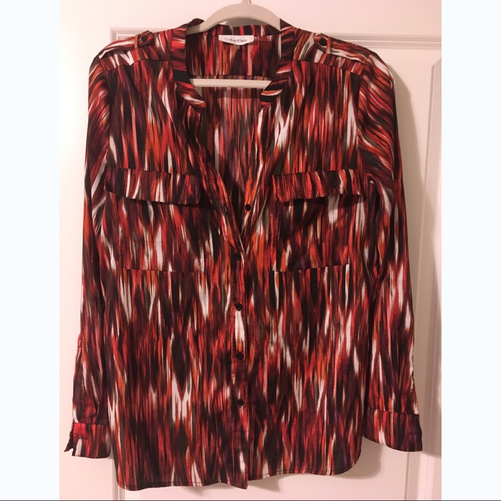 Calvin Klein Long Roll Tab Sleeves Button  Blouse